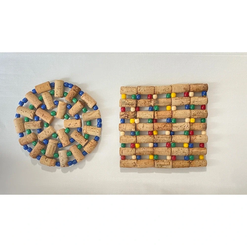 Vintage Handmade Wine‎ Cork Trivets Set of 2 Beaded Rustic Kitchen Decor Boho CA